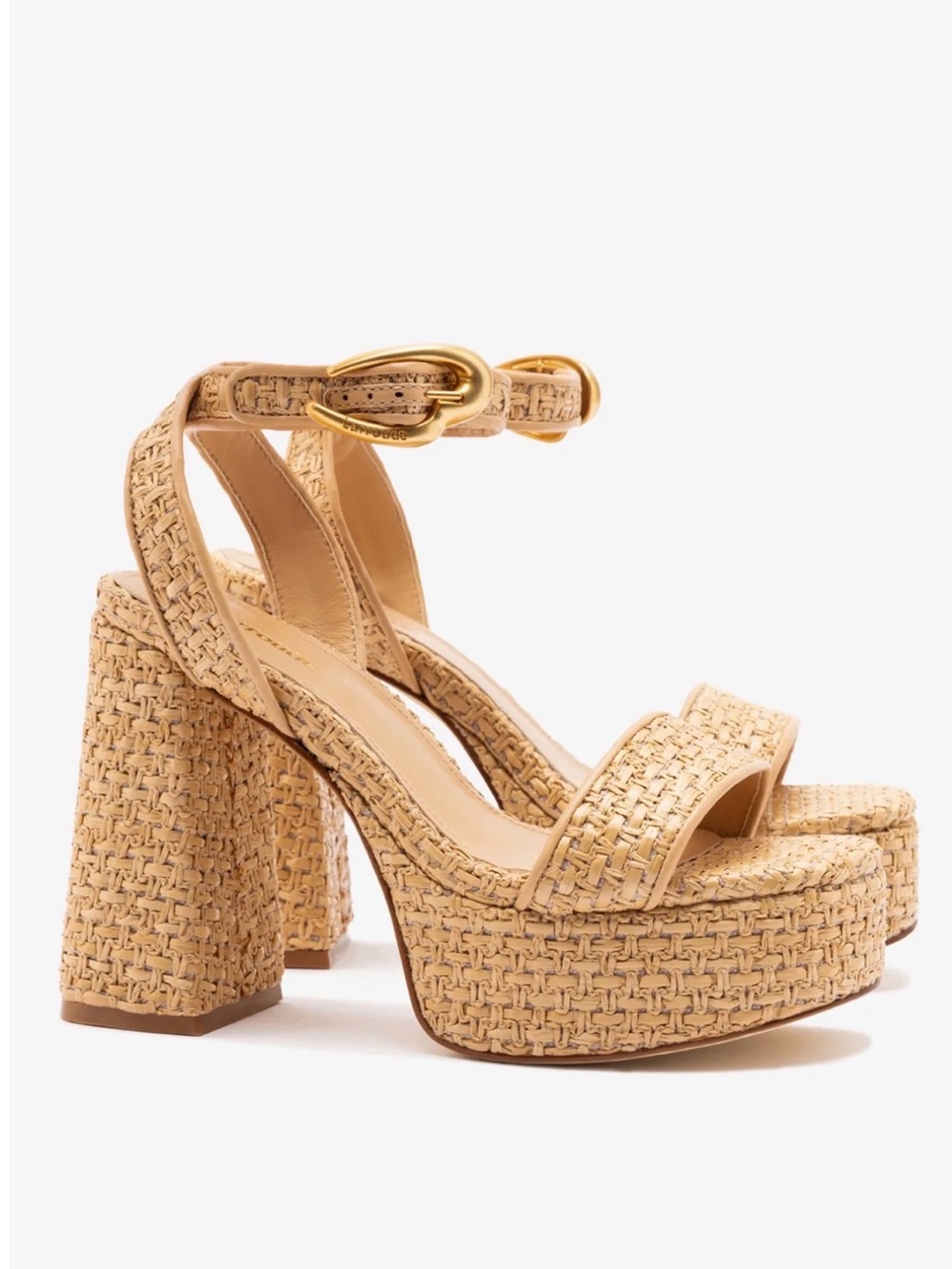 Larroude Natural Woven Platform Block Heel Sandals with Gold Buckle